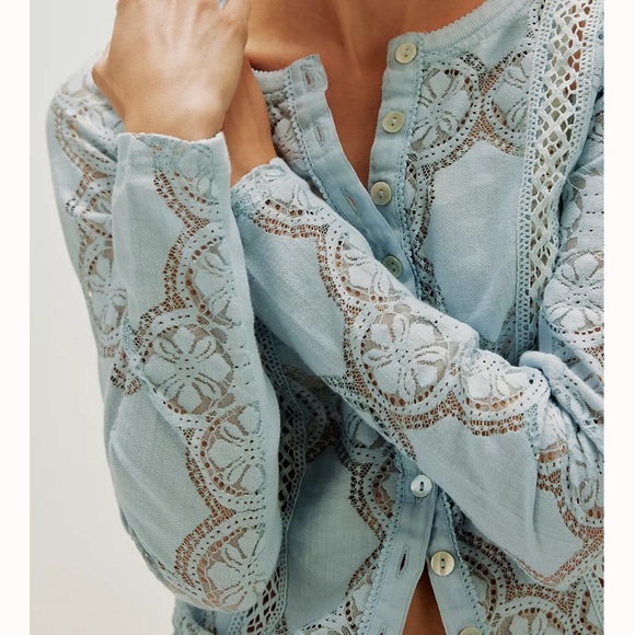 NWT Free People Jae Sheer Lace Knit Longsleeve Button-down Top - Picture 3 of 7